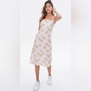 Forever 21 Blush Pink Green Palm Trees Tie Strap Cowl Neck Slip Midi Dress- M